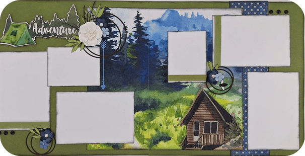 Adventure scrapbook; cabin in woods.