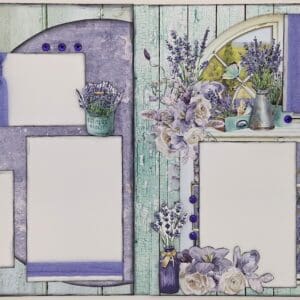Lavender scrapbook page with blank frames.